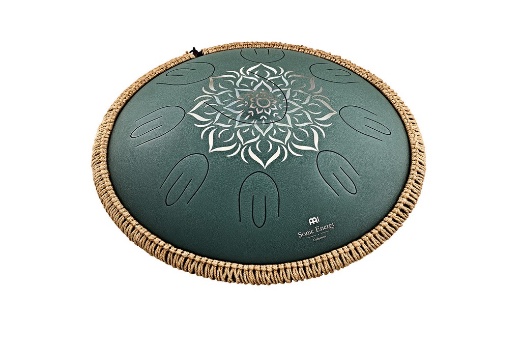 MEINL Sonic Energy 16 Octave Steel Tongue Drum, F Dur, 9 T�ne, 432 Hz, Dunkelgr�n, Graviertes florales Design