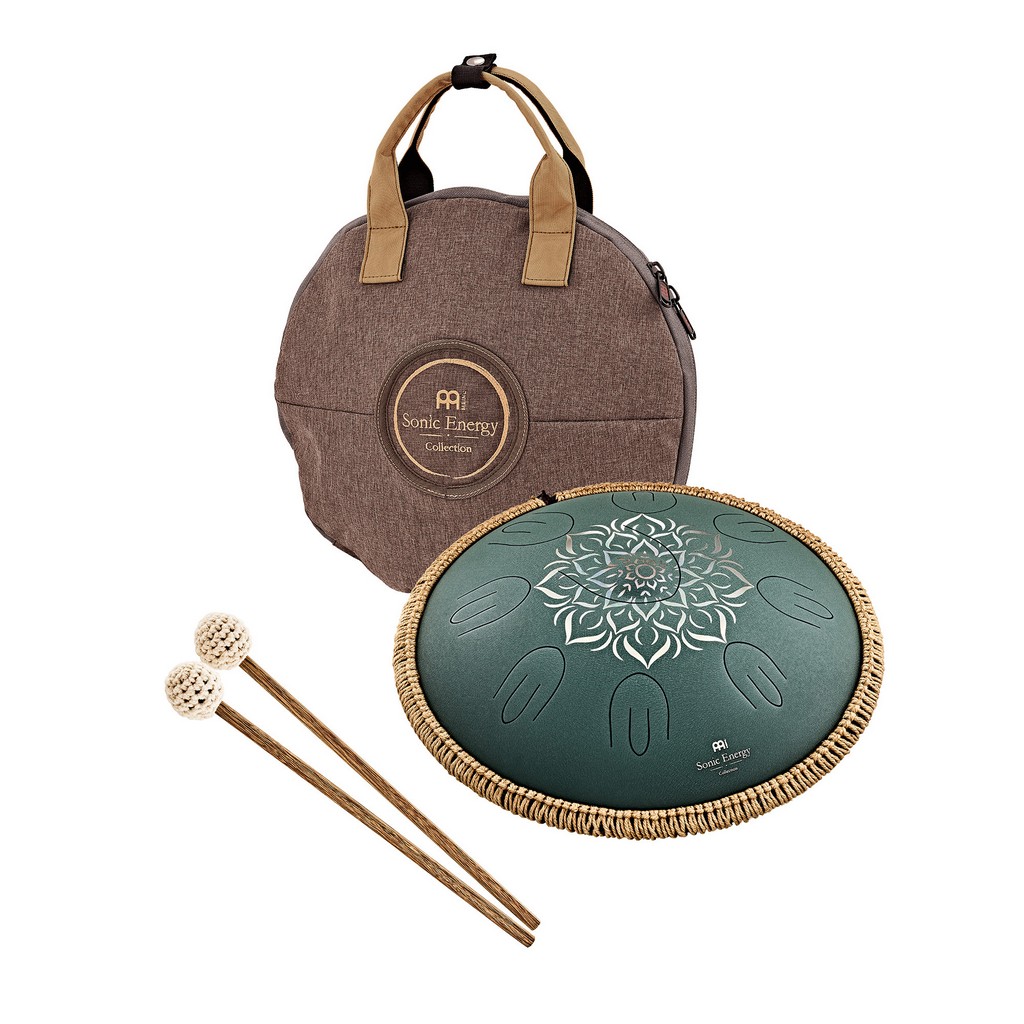 MEINL Sonic Energy 16 Octave Steel Tongue Drum, F Dur, 9 T�ne, 432 Hz, Dunkelgr�n, Graviertes florales Design