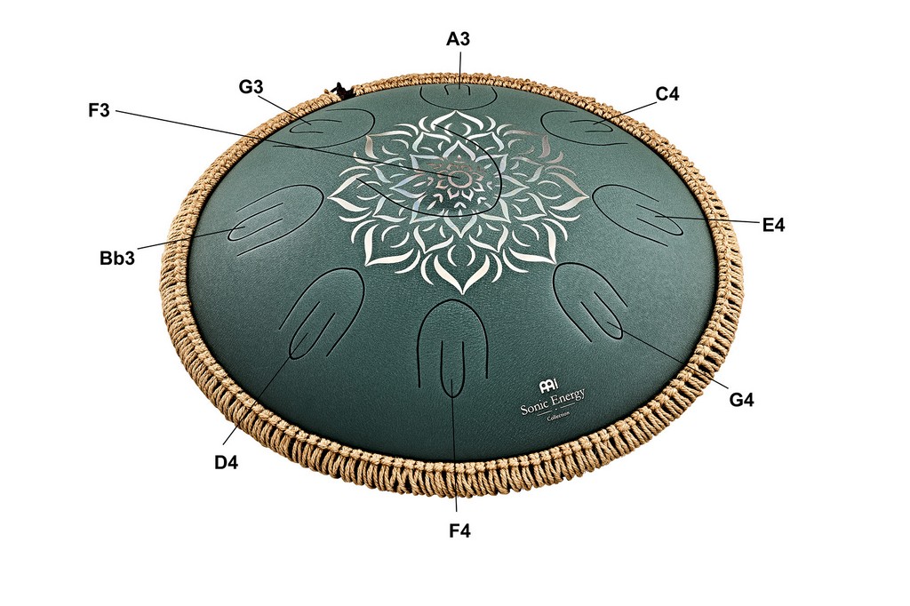 MEINL Sonic Energy 16 Octave Steel Tongue Drum, F Dur, 9 T�ne, 432 Hz, Dunkelgr�n, Graviertes florales Design