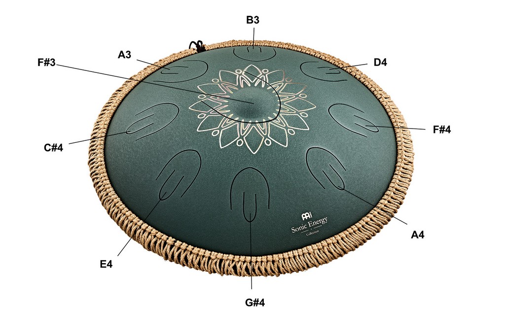 MEINL Sonic Energy 16 Octave Steel Tongue Drum, Fis Moll, 9 T�ne, 432 Hz, Dunkelgr�n, Graviertes florales Design